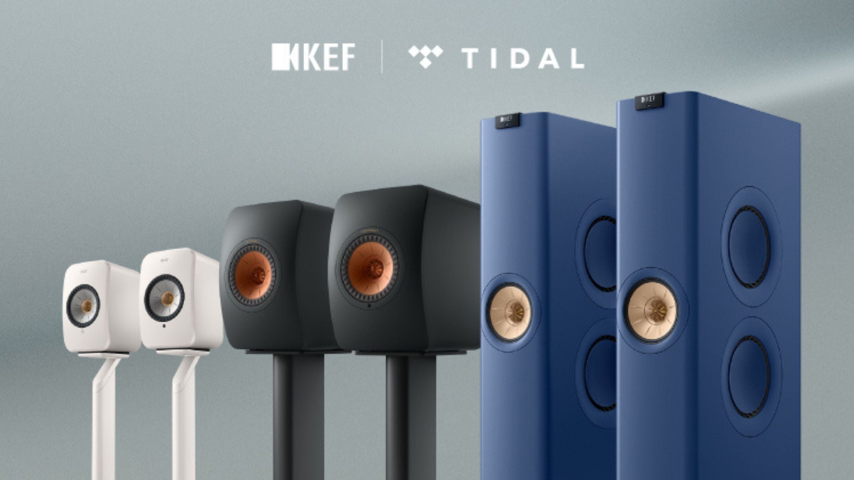 KEF speakers on a grey background with KEF & Tidal logo